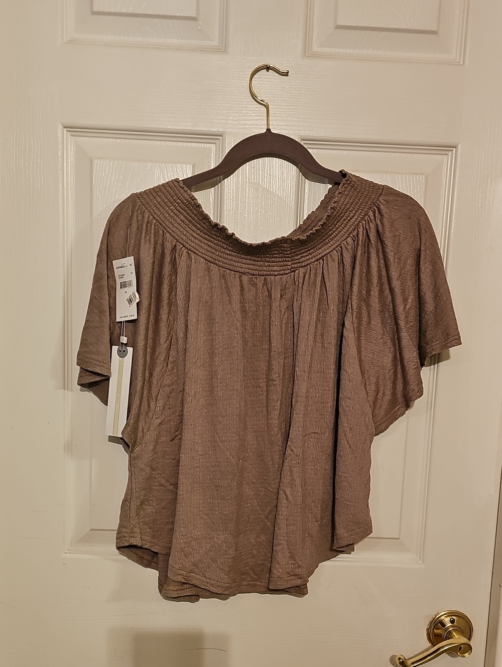 O'Neill Taupe Smocked Neck Short Sleeve Top